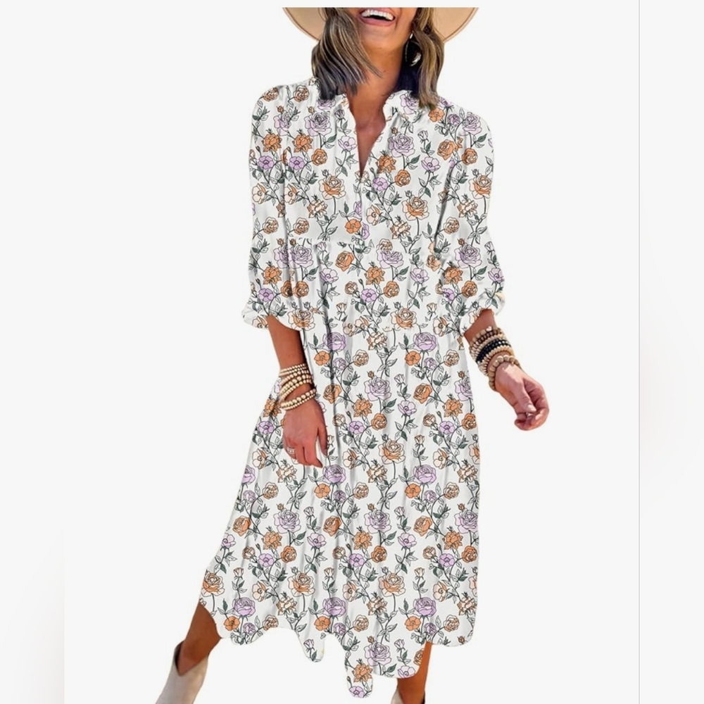 Floral Midi Dress - White with Multicolor Accents